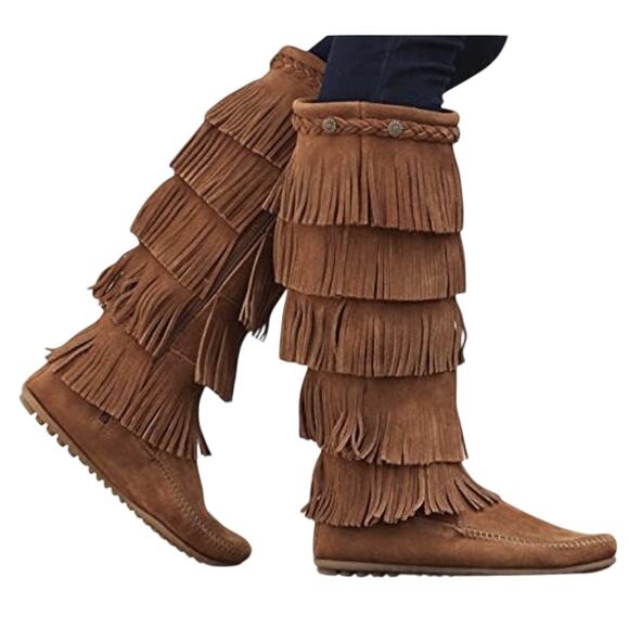 Minnetonka Boho Layered Fringe Suede Leather Tall Flat Boots Size 6 like NEW - Picture 1 of 13